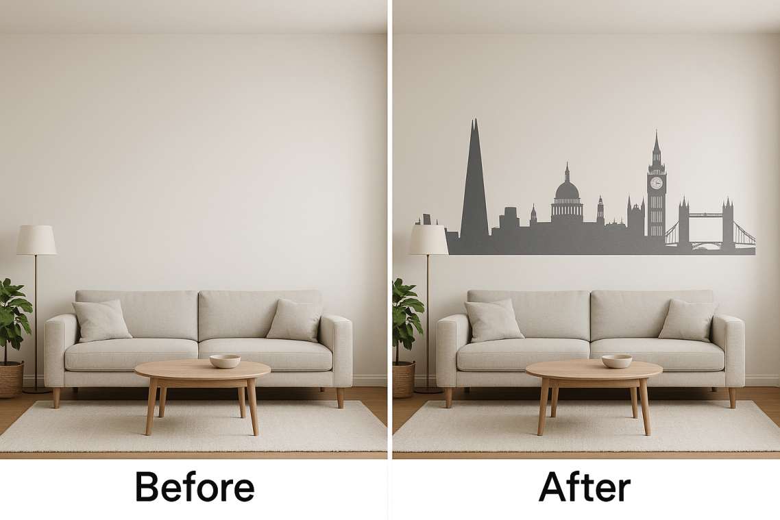 london-skyline-wall-mural-living-room London skyline living room mural printed with UV wall printer